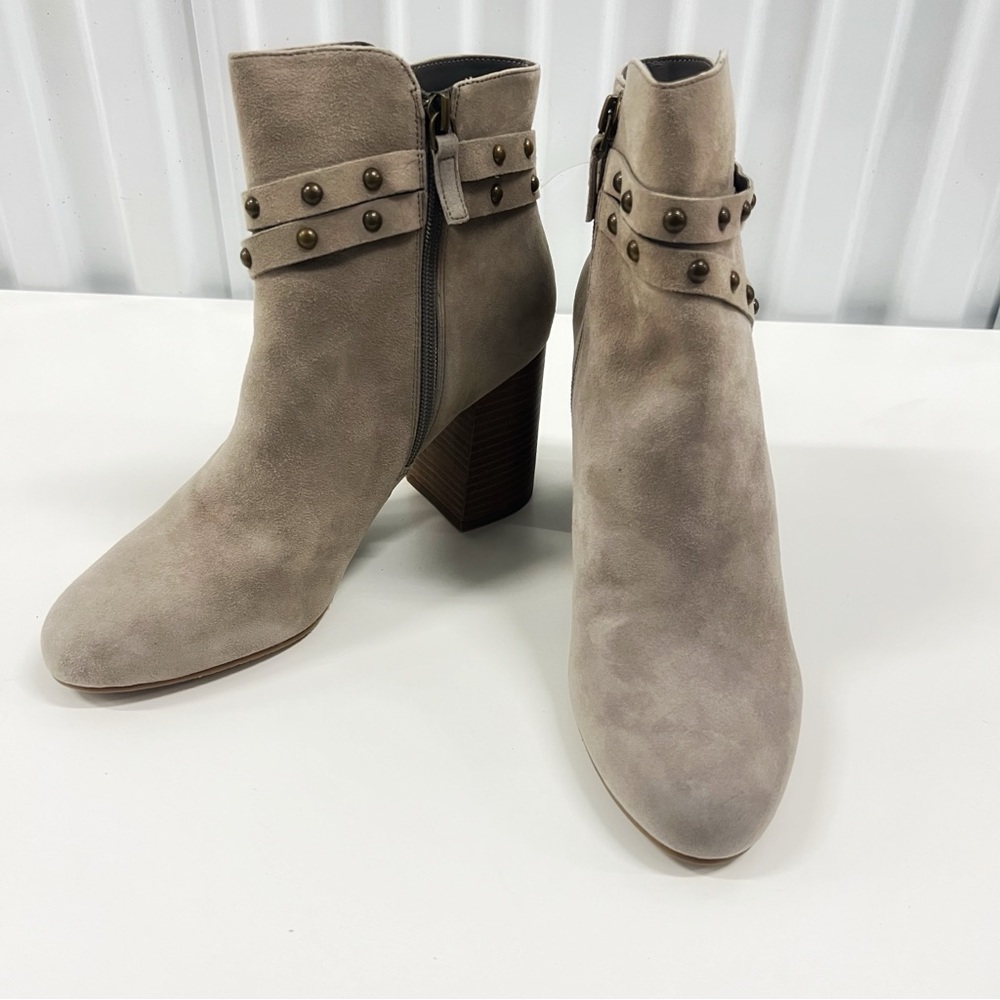 BP. Suede Leather Studded Belted Ankle Booties Grey/Tan Size 9.5